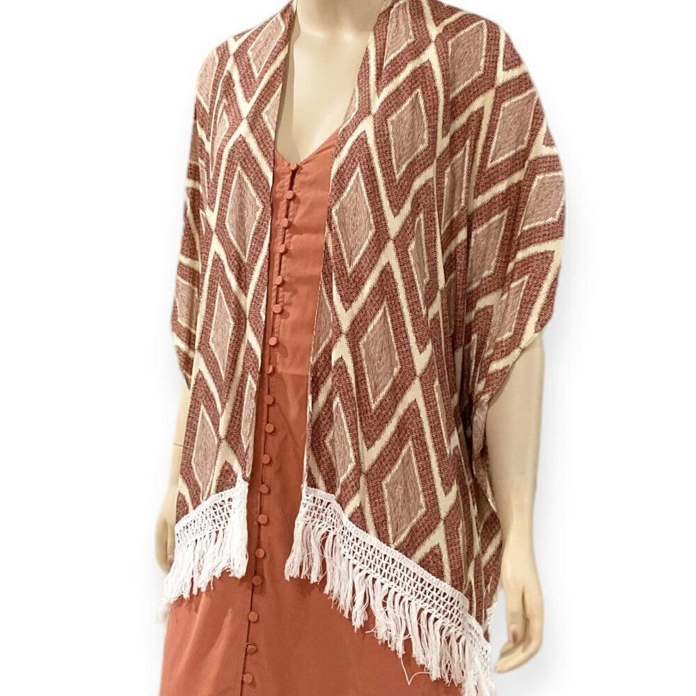 Brown and Ivory Diamond Print Lightweight Fringe Tassels Short Kimono Cover-Up